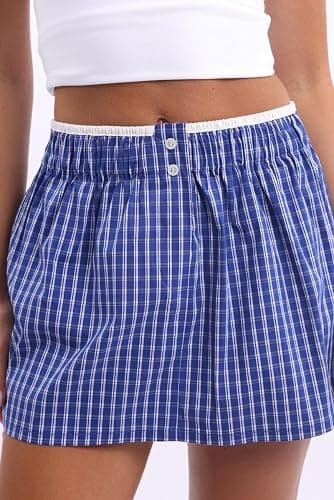 UAURORAO Women Gingham Boxer Skirt Y2k Plaid Checkered Mini Short Skirt E Girls Elastic Waistband Preppy Pencil Skirt thumbnail 2