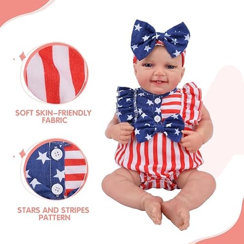 BABESIDE 2 Pcs Reborn Baby Doll Clothes Set for 17-22 Inch Babydolls, Baby Doll Accessories with Headband for Realistic Dolls Clothing, Stars and Stripes thumbnail 3
