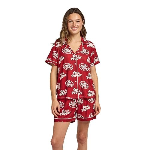 Bioworld Dr. Pepper Classic Logo All-Over Print Women’s Notch Collar Button-Down Shirt and Shorts Sleepwear Set - Image 1