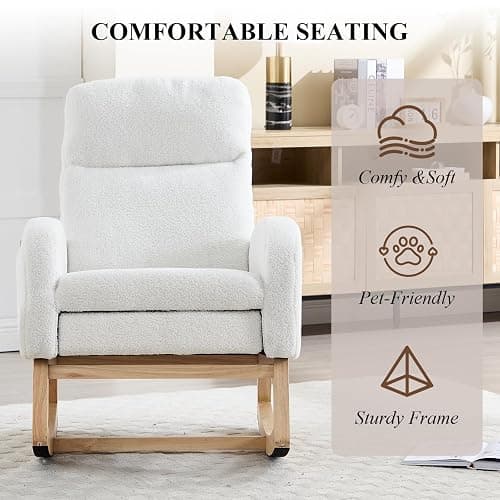 NIOIIKIT Oversized Nursery Rocking Chair, Teddy Upholstered Glider Chair with Footrest, Large Glider Rocker with Side Pocket, Rocking Accent Chair, Glider Recliner for Living Room (White Teddy) thumbnail 6