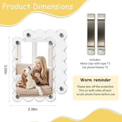Nirvany 2 Pack Magnetic Car Visor Photo Holder, 2.36 x 3.54 in Scalloped Clear Acrylic Personalized Picture Frame Clip for Sun Visor, Car Picture Holder for Family, Pets, Travel Photos (Light Blue) thumbnail 2