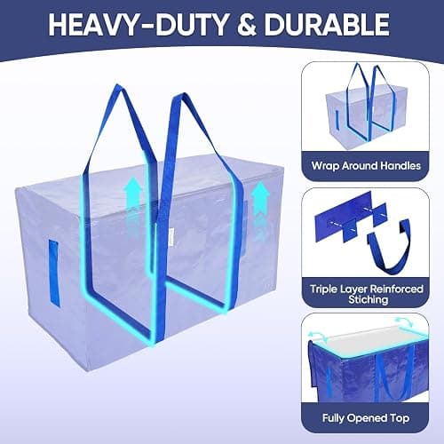 TICONN 6 Pack Extra Large Moving Bags Heavy Duty with Zippers & Carrying Handles, Durable Storage Bags Moving Boxes for Closet Organizers and Storage (6 Pack, Blue) thumbnail 4