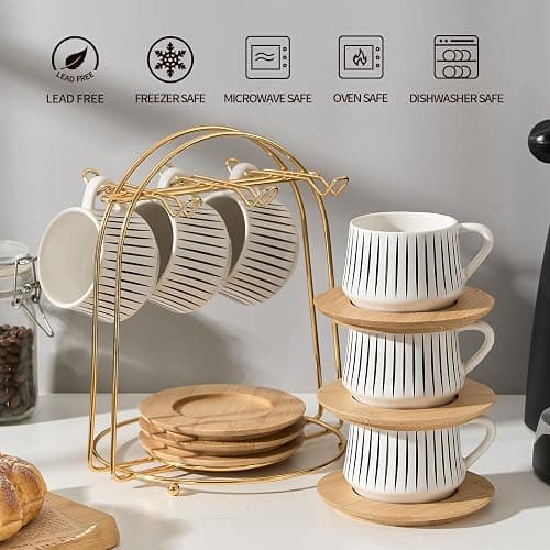 LUKA Ceramic Coffee Espresso Cups with Saucers Set with Metal Holder, 4 oz Porcelain Demitasse Cups For Tea, Espresso, Latte, Coffee, Cafe Mocha, Set of 6, White thumbnail 7