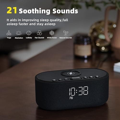 Sound Machine Alarm Clock for Bedrooms: Bluetooth 10W Stereo Sound Speaker with Wireless Charging - White Noise Machine for Sleeping with 21 Soothing Sounds - Black thumbnail 5