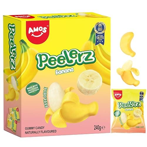 AMOS Peelerz Gummy Sweets, Banana Peelable Christmas Sweets Candy Gift, 3D Fun Peeling Fruit Gums Candy, Real Fruit Juice Made Chews Snacks Sweet for Party Celebration- Box Package 240G - Image 1