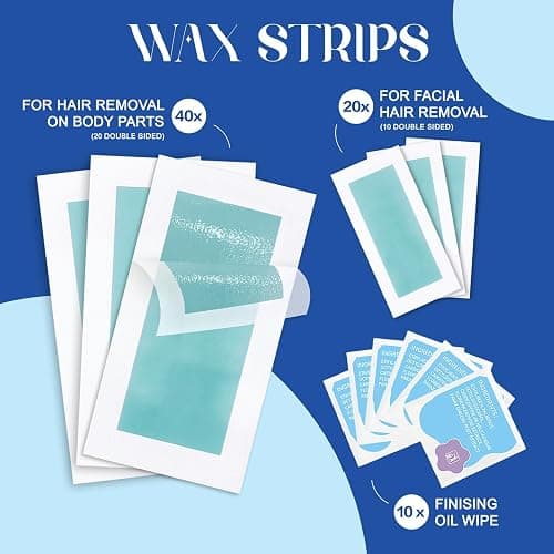 Wax Strips - (60 Count), 10 Calming Oil Wipes Hypoallergenic For Hair Removal, For Women and Men, Face Waxing Kit For Women, Body Wax Strips - Brazilian Waxing, Suitable For All Skin Types. thumbnail 2
