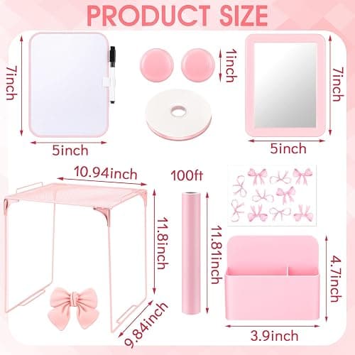 Watersay 115 Pcs Pink Locker Accessories Kit Foldable Locker Shelf Decorations for Girl Pink Bow Pen Holder Magnetic Mirror Coquette Stickers Background Whiteboard Ribbon Back to School Essentials thumbnail 3