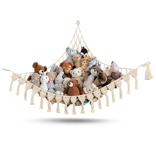Abby Baby Extra Large Stuffed Animal Hammock with LED Lights 100% Natural Cotton Macrame Toy Storage Net for Plushies & Squishmallows Boho Macrame Corner Organizer for Kids’ Room or Nursery (Beige) - Image 1