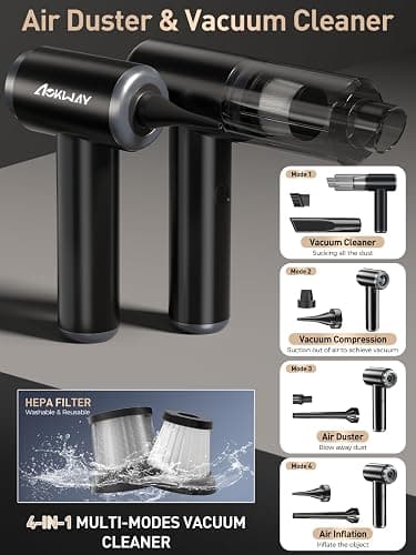 aokway Car Vacuum Portable Cordless 15000PA Powerful Suction, 7500mAh, 4-in-1, High Power Mini Vacuum Cleaner for Car, Home, PC, Keyboard, Desk Cleaning Small Handheld Rechargeable (Black) thumbnail 2