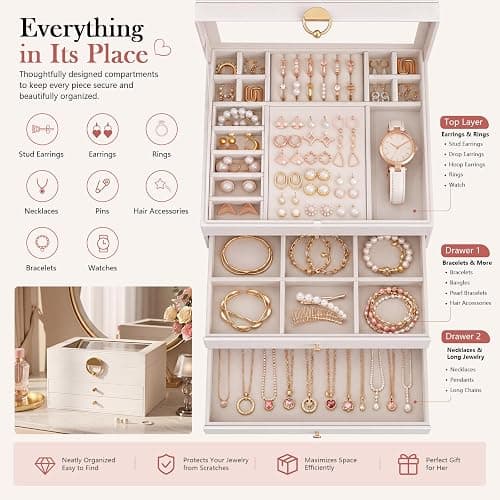 GeeBom Jewelry Box - 3 Layer Jewelry Organizers and Storage with Clear Lid & 2 Drawers,Jewelry Boxes for Women, Watch Necklace Ring Earring Storage Gift Case, Cloud White thumbnail 4