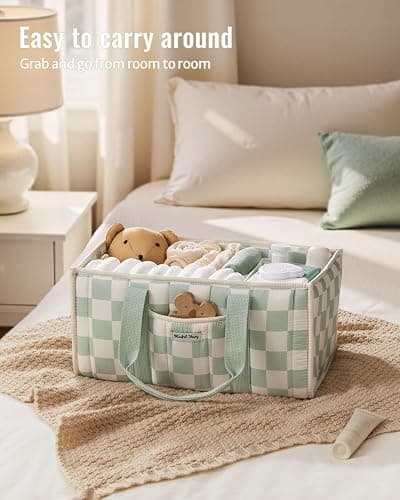 Blissful Diary Checkered Diaper Caddy Organizer, Stylish Nursery Storage Basket, Gift for Baby Shower, Newborn Essentials, Registry Search Must Haves, Sage Green thumbnail 2