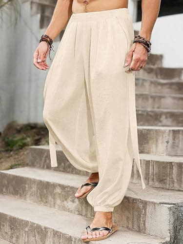 OYOANGLE Men's Harem Pants with Pocket Baggy Hippie Loose Fit Elastic Waist Wide Leg Japanese Pants thumbnail 5