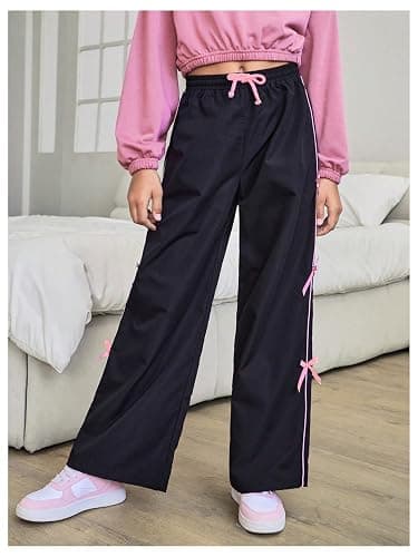WDIRARA Girl's Bow Side Waist Track Pants Cute Wide Leg Trousers thumbnail 3