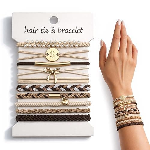 Fohufo 10 Pcs Hair Ties Bracelets - Gifts for Women Girl, Hair Accessories | Hair Ties Bracelets | Initial | Birthday Gifts for Women Girls | Teen Girl Gifts Trendy Stuff | Hair Ties for Girl | Letter S - Image 1