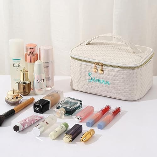 GOPHIE Personalized Embroidery Large Travel Makeup Bag - PU Leather Cosmetic Organizer Case for Women,Waterproof Makeup Pouch thumbnail 3