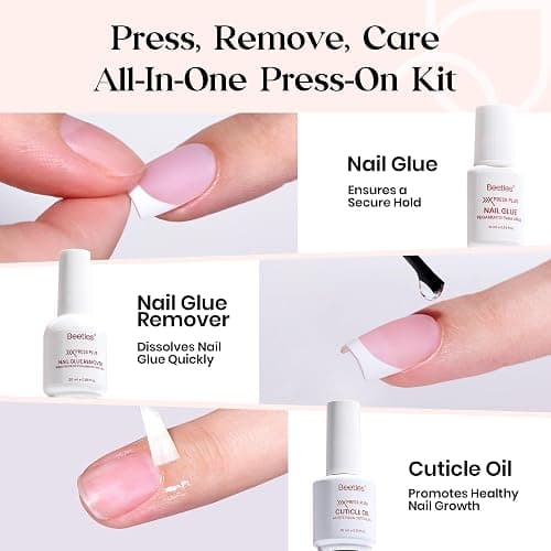 Beetles X Press Plus On Nails Kit-Short Square French Tip Press On Nails Kit with 150Pcs Pink French Nail Tips Nail Glue & Remover Builder Top Coat Nail Lamp,All-in-One DIY Fake Nails Gift for Women thumbnail 2