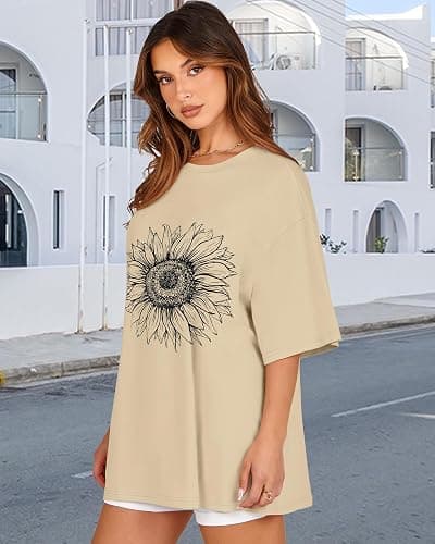 Womens Oversized Tshirt Graphic Tees Crew Neck Summer Short Sleeve Loose Fit Tops - Small - A-sunflower Print Khaki thumbnail 7