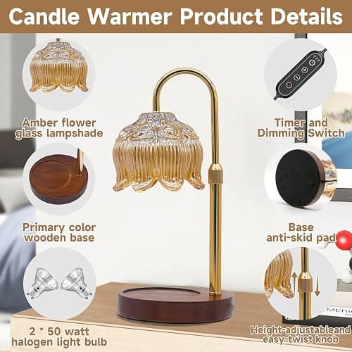 LILOOVKE Candle Warmer Lamp Dimmable Flower with Timer Adjustable Height Flameless Wax Warmer Lamp Home Decor Electric Heating for Jar Candles with Gift Packaging and Two Bulbs thumbnail 2
