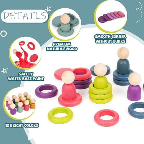 Montessori Toys Wooden Color Sorting Stacking Rings Toy Rainbow Wooden Peg Dolls Counting Toys Circular Building Blocks Stacking Game Preschool Learning Education Fine Motor Skill Toys for Toddlers thumbnail 4