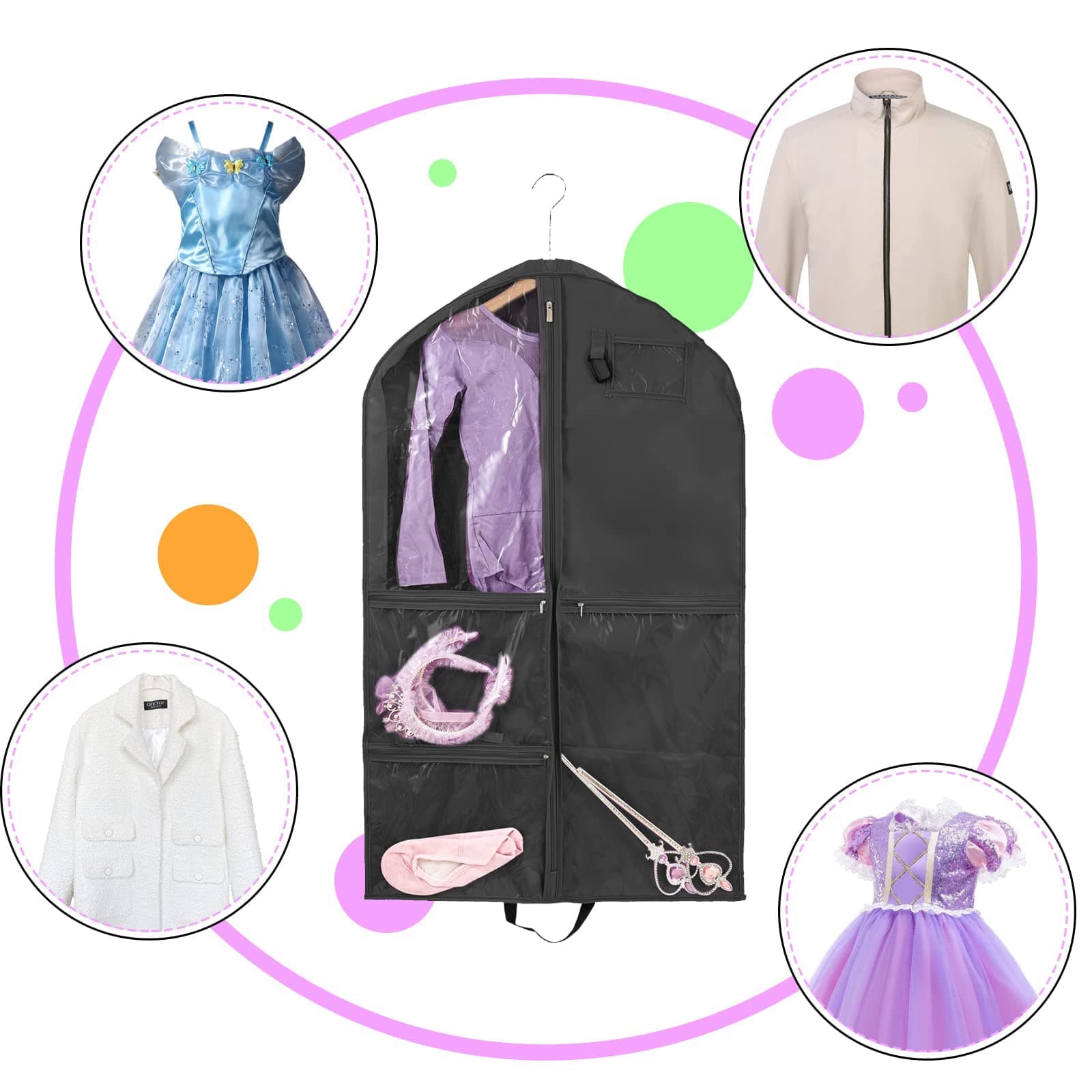 Clothes Covers, Hanging Clothes Covers with Multiple Pockets for Kids and Adults, Waterproof Clothes Cover with Zipper for Dancers thumbnail 4
