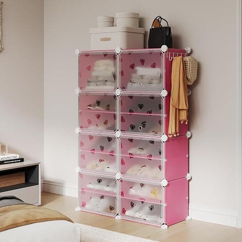 TrailBlaze 8-Tier Expandable Shoe Rack Organizer – Plastic Closet Shoe Storage Cabinet with PVC Shelves and Door – Space-Saving Design for Entryway, Bedroom, Hallway – Pink thumbnail 2