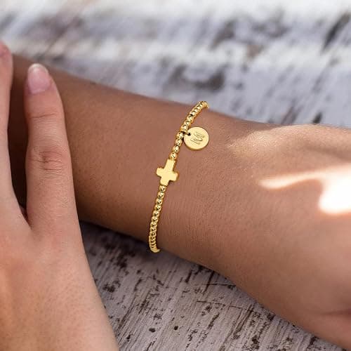 M MOOHAM Christmas Stocking Stuffers - Initial Bracelets for Women, Cross Bracelet for Womens Letter A-Z Cross Bracelet Gold Beaded Bracelets Dainty Small Jewelry, Religious Christian Gifts for Women thumbnail 3