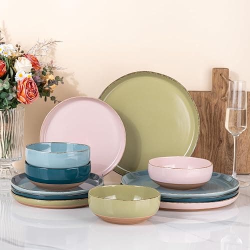 AmorArc Dinnerware Sets for 4, 12 Pieces Ceramic Plates and Bowls Set | Scratch Resistant Stoneware Dishes Set, Dishwasher & Microwave Safe, Colorful - Image 1