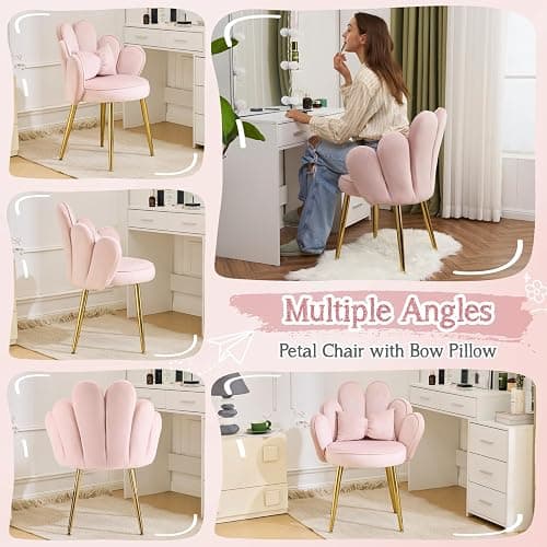 VINGLI Petal Makeup Vanity Chair with Back,Flower Cute Girls Desk Chair Comfy No Wheels,Modern Dining Chair,Small Accent Chair with Adustable Gold Legs&Bow Pillow for Home Office,Bedroom,Velvet,Pink thumbnail 5