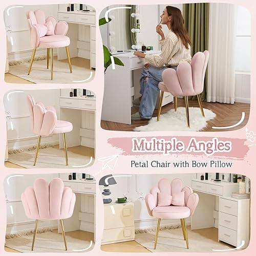 VINGLI Petal Makeup Vanity Chair with Back,Flower Cute Girls Desk Chair Comfy No Wheels,Modern Dining Chair,Small Accent Chair with Adustable Gold Legs&Bow Pillow for Home Office,Bedroom,Velvet,Pink - Pink-velvet - Flower Back thumbnail 5