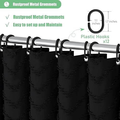 Dynamene Boho Farmhouse Shower Curtain, Black Fabric Tufted Chevron Striped Textured Tassel Shower Curtains for Bathroom, Water Repellent, Minimalist Ruffled Cloth Shower Curtain Set with Hook, 72x72 - Black - 72"W x 72"L (Pack of 1) thumbnail 6