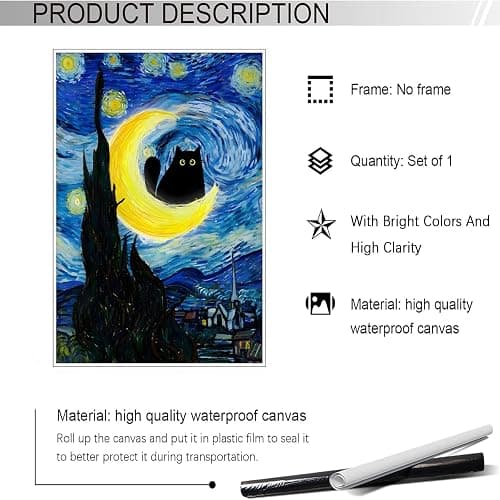 Funny Starry Night Cat Poster Cute Abstract Animal Canvas Wall Art Black Cat On The Moon Whimsical Aesthetic Prints Painting For Living Room Bedroom Gallery Wall Decor 12x16in Unframed thumbnail 2