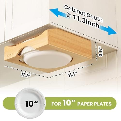 10-inch Paper Plate Dispenser Under Cabinet, Bamboo Paper Plate Holders, Kitchen Counter Vertical Plate Dispensers Holders Countertop Caddy(For 10-inch Plates, Bamboo) thumbnail 2