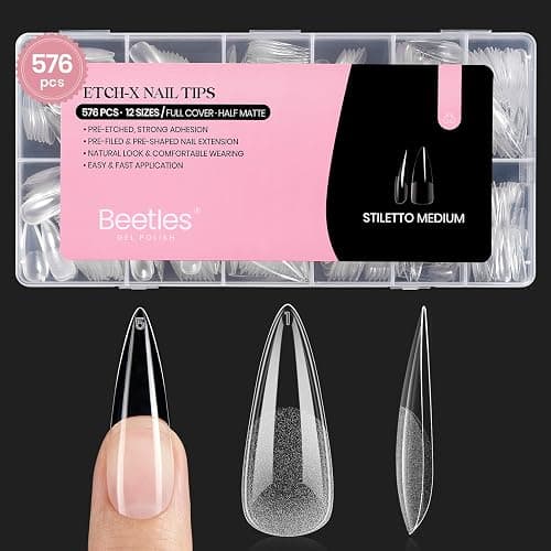 Beetles Gel Nail Tips Etch-X, Stiletto Medium, 576Pcs 12 Sizes | Pre-Etched Half Matte Soft Acrylic False Nail Tips Easy DIY Press On Nail Extensions Salon Gift for Women - Image 1