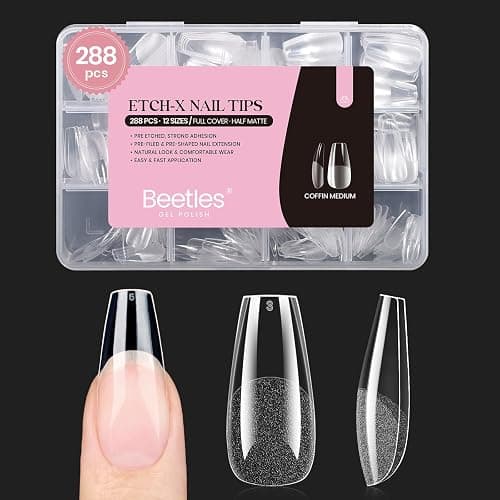 Beetles Gel Nail Tips Medium Coffin Etch X, 12 Sizes 288Pcs Pre Shaped Half Matte Full Cover Press On False Nails Tips Acrylic Fake Nail Extensions Kit Easy DIY Salon Manicure Gift for Women - Image 1