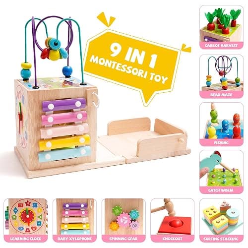 Montessori Jouet Bebe 1 an |9 en 1 Cube d'activités motrices dès 1 an |frapper la balle,Formes À Trier Empiler Jeu,Jouet de Récolte de Carottes,Jouet en Bois pour Cadeau Fille Garcon Bébés 2 3 4 Ans thumbnail 8