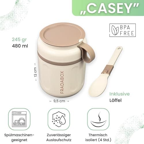 FRADABOX® Lunchpot „Casey“, Thermobehälter mit Löffel, Premium Edelstahl, Müslibecher to go, Auslaufsicher für Joghurt Porridge, Suppen, Lunchbox, Meal Prep Warmhaltebehälter für Erwachsene und Kinder thumbnail 2