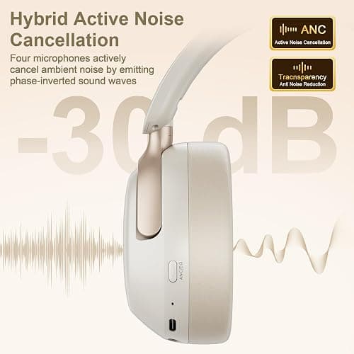 LORELEI QC30 Hybrid Active Noise Cancelling Headphones,Over-Ear Wireless Bluetooth,Beige Protein Leather, Active Noise Control & Transparency Mode,Deep Bass, Built-in Mic thumbnail 2
