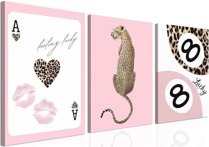 Trendy Leopard Canvas Wall Art Set of 3 - Pink Cheetah Prints Wall Decor Pictures, Funky Lucky You 8 Ball Poster Preppy Aesthetic Paintings, for Girls Bedroom Dorm Apartment 12x16 inch Framed - Image 1
