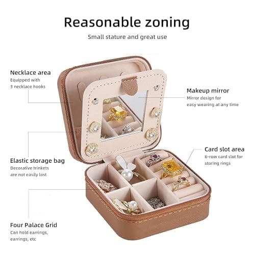 KElofoN Travel jewelry case Travel jewelry box Travel Jewelry Organizer Small Jewelry Organizer Box Gift for Girls Women with Mirror(Coffee) thumbnail 3