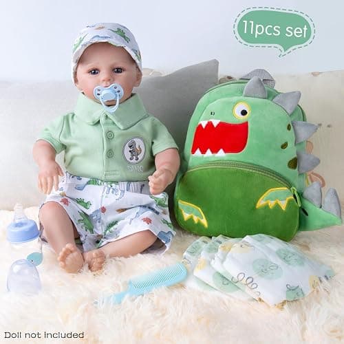 11 Pcs Reborn Baby Doll Clothes Boy Dinosaur Outfit Accessories for 17-22 Inch Reborn Boy Dolls 20 Inch Newborn Baby Boy Clothes Green Accessories with Backpack thumbnail 2