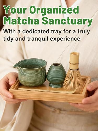 Matcha Whisk Set with Bamboo Tray - Bowl with Spout, Whisk and Holder, Bamboo Scoop, Sifter, Japanese Matcha Kit Tea Ceremony Gift for Women thumbnail 4