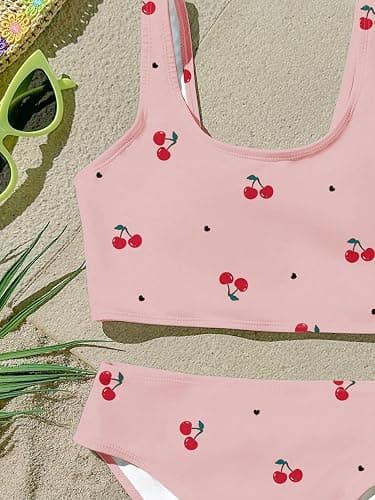 Luckydora Girl's Cherry Print Bikini Set Scoop Neck Crop Tank Two Piece Summer Swimwear Cute Bathing Suit Beach Outfit thumbnail 5