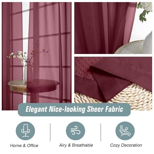 Ebesto Burgundy Window Sheer Curtains 45 Inches Length, Voile Short Curtains for Living Room Bedroom, Modern Soft Window Drapes 2 Panels Set, Top Dual Rod Pocket Design, 2x42Wx45L Inches thumbnail 4