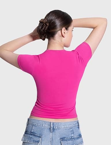 PUMIEY Women's Crew Neck Short Sleeve Tops Double Lined Slim Fit T Shirts Basic Tee Smoke Cloud Pro Collection thumbnail 5