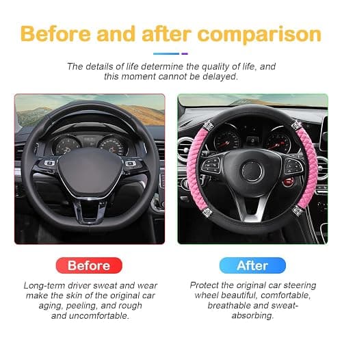 Osilly Bling Car Steering Wheel Cover, 15 Inch Rhinestones Soft Leather Elastic Steering Wheel Protector, Sparkly Crystal Diamond for Women Girls, Car Interior Accessories for Most Cars (Pink) thumbnail 5