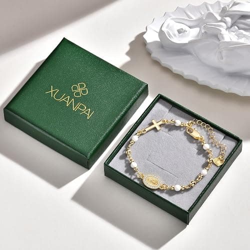 Women's Gold Virgin Mary Bracelet - 14K Gold Plated Religious Cross Bracelet,Dainty Golden Non Tarnish Virgen De Guadalupe Natural Stone Beaded Jewelry,Catholic Faith Baptism Confirmation Gift for Her thumbnail 6