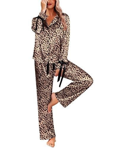 Ekouaer Women Classic Button Down Long Satin Pajamas Set,Bow Tie Silky Cute Pjs Sets Fancy Loungewear - Image 1