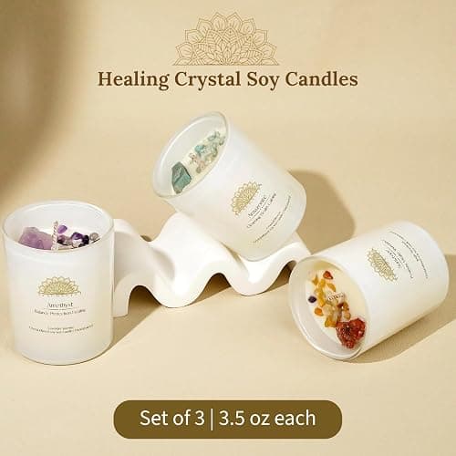 Healing Crystal Candles Gift Set for Women, 3 Pack Aromatherapy Soy Candles with Real Amethyst Amazonite Sunstone, Lavender Jasmine Coastal Breeze Scented Candles, Meditation Chakra Energy - 3.5oz thumbnail 2