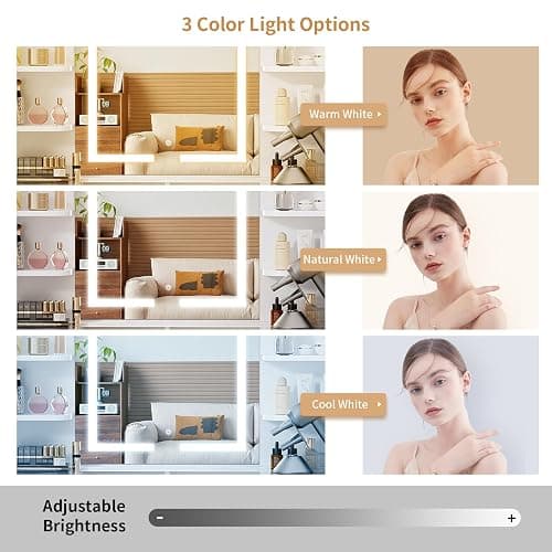 SMOOL Vanity with Lighted Mirror, Makeup Vanity Desk with Glass Top & Power Outlet, 3 Color Light Options, Vanity Table with 6 Storage Shelves, 2 Large Drawers and Cushioned Stool for Bedroom, White - White - Glass thumbnail 4