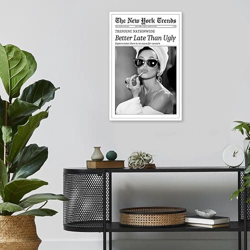 FBKDVC Retro Trendy Black And White Women Newspaper Canvas Wall Art Poster Better Late Than Ugly Vintage Funky Girl Aesthetic Preppy Print For Bar Cart Girl Dorm Bathroom Decor 8x12in Unframed thumbnail 4